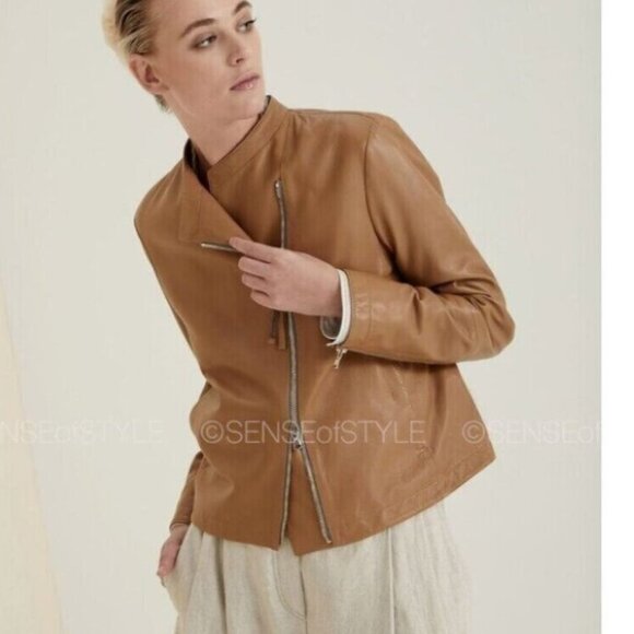 Brunello Cucinelli Jacket Women's Leather Moto Brown Size 38 XS